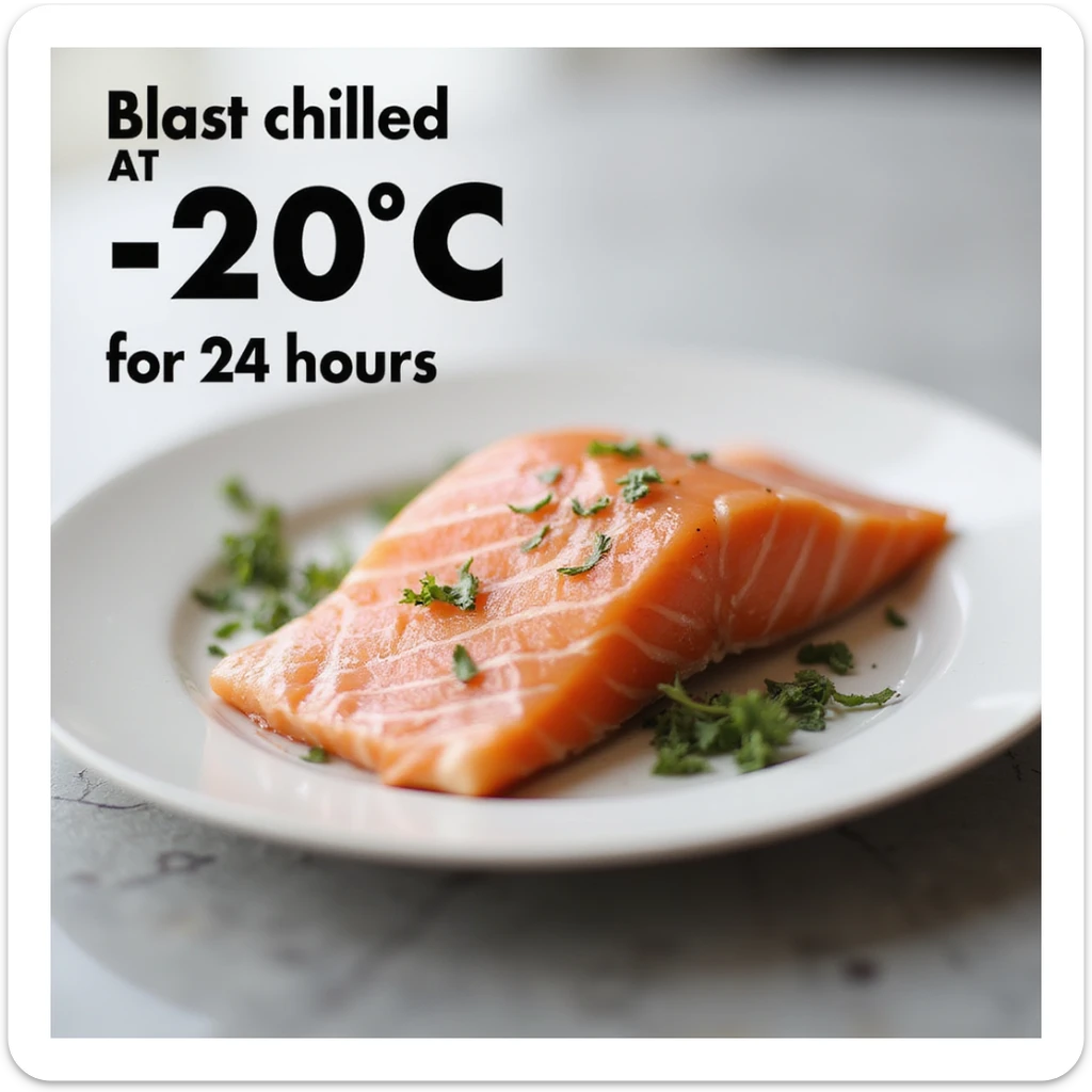 realistic 4K infographic style image of raw salmon on a plate with an icon or label indicating 'blast chilled at -20°C for 24 hours' sticker