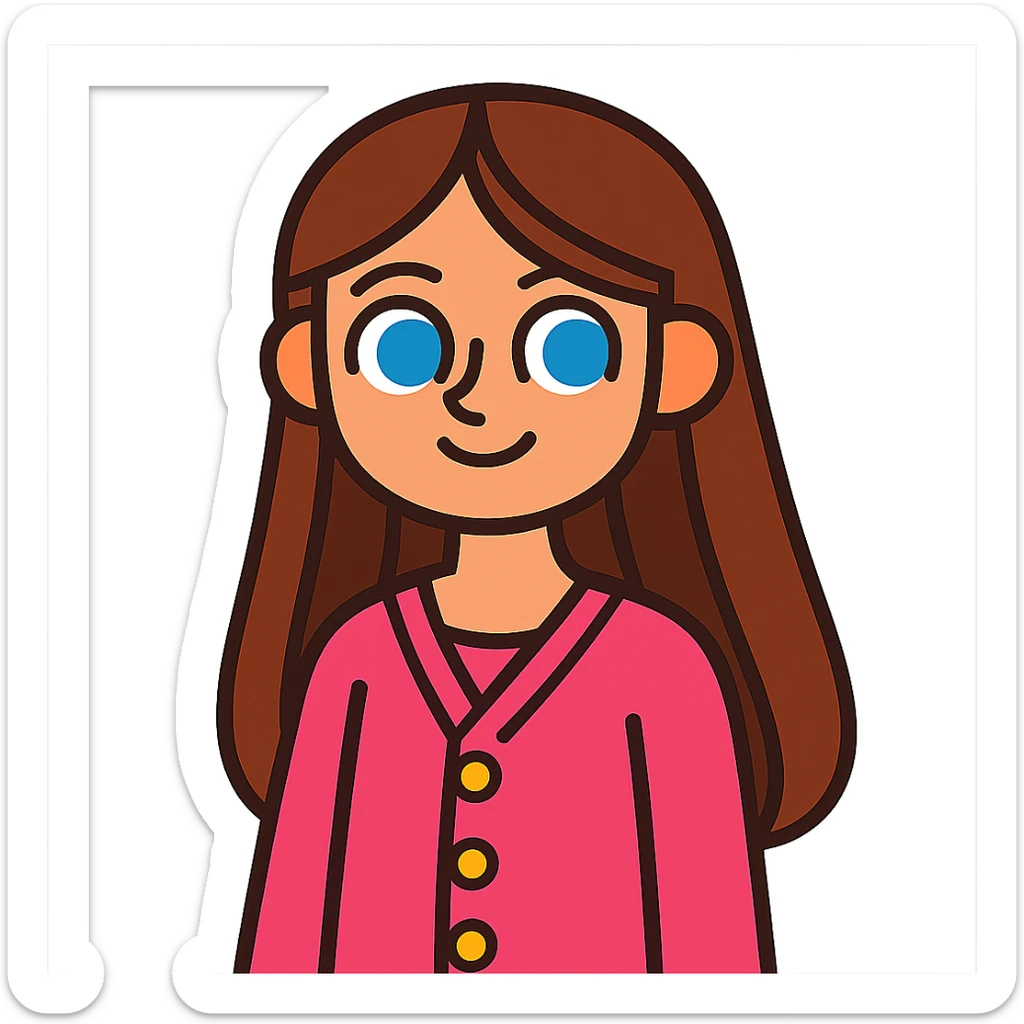 cute girl with long brown hair and blue eyes, wearing a pink cardigan with buttons sticker
