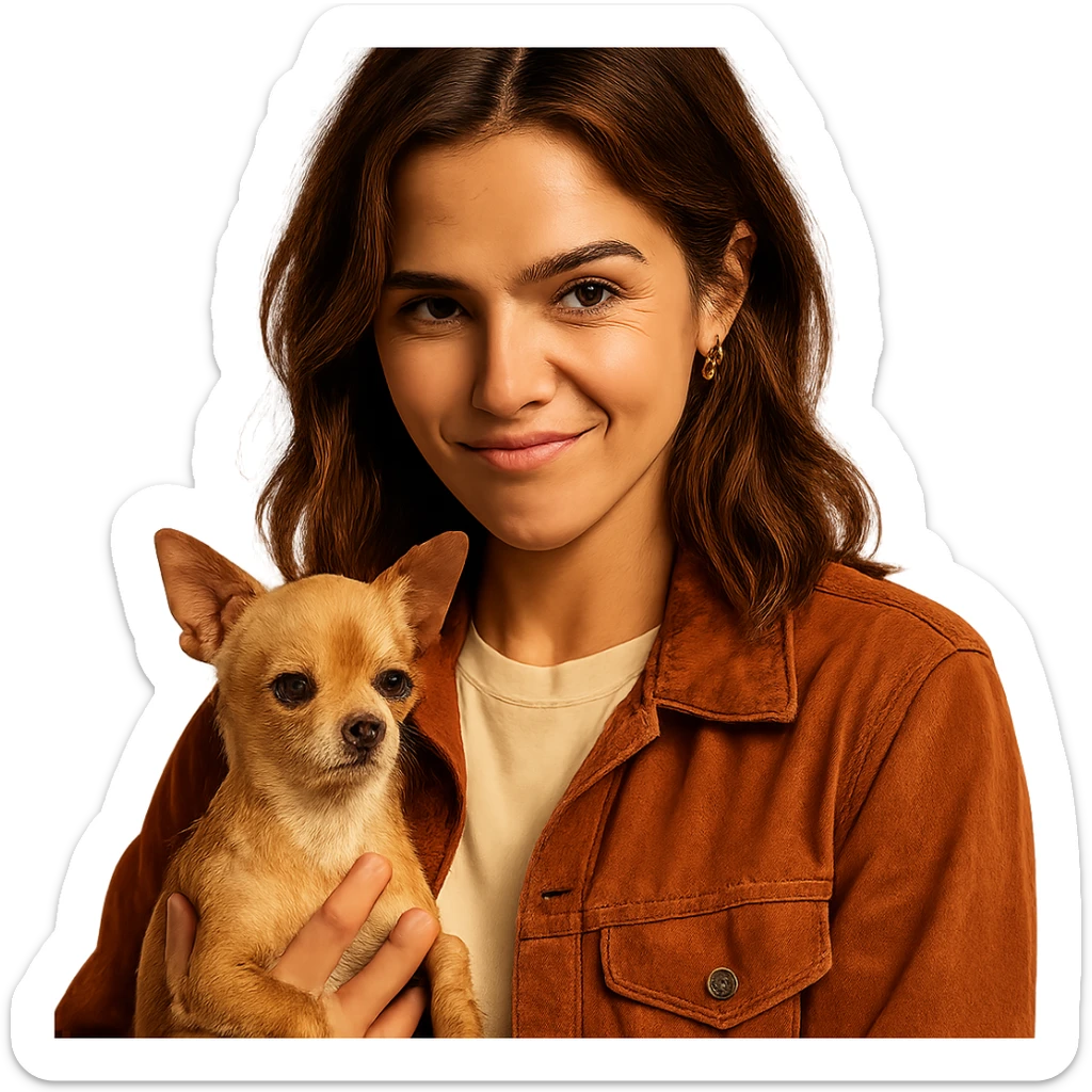 portrait centered of a woman inspired by the face of Zoe Deutch, tanned skin, subtle freckles, rebellious and playful expression, medium-length brown hair with auburn highlights, shirt color #FFF8CA, rust-colored jacket, holding a beige-brown chihuahua, transparent background, Netflix series style sticker
