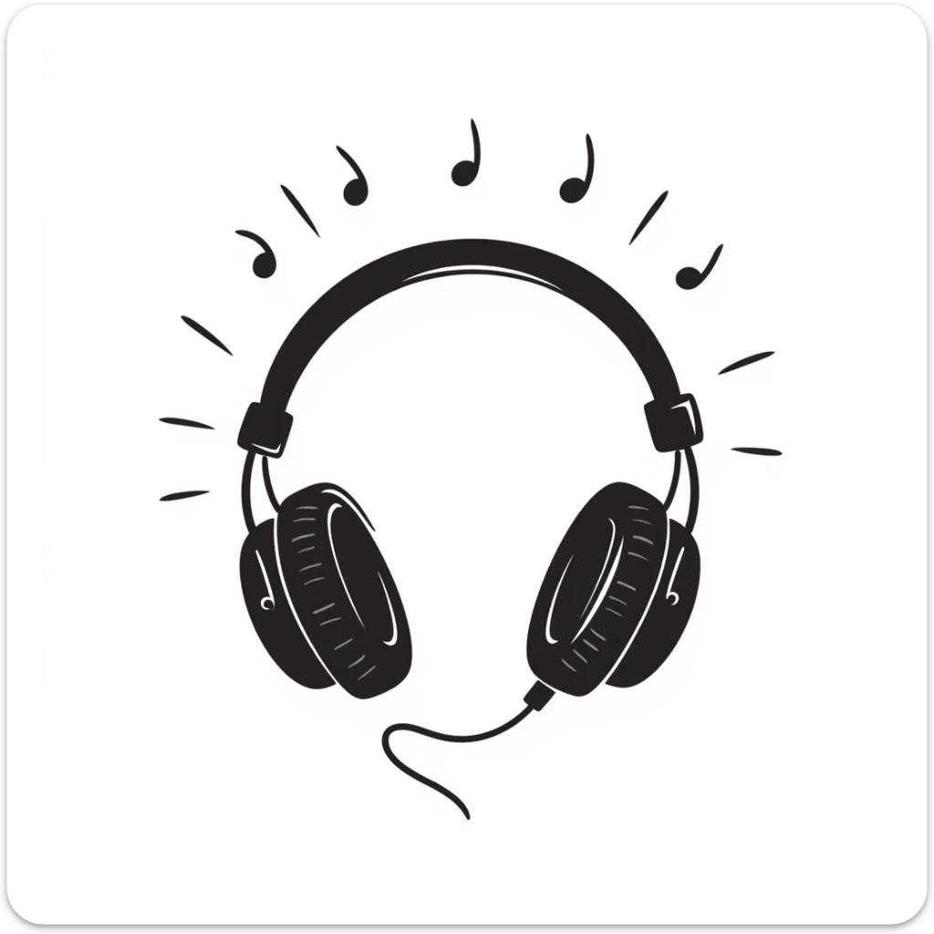 Hand-drawn sketch of black DJ headphones with sound waves sticker