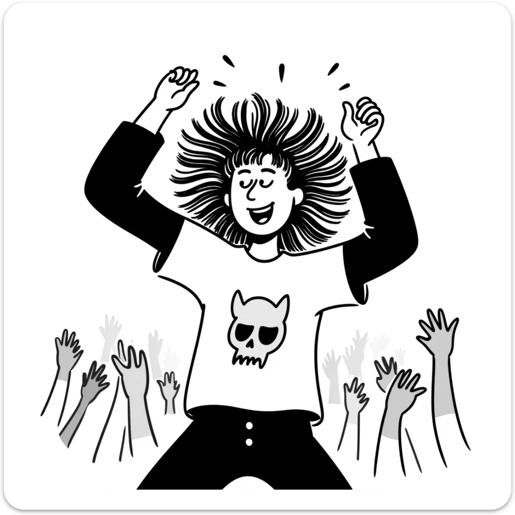 A person enthusiastically headbanging at a concert, wearing a band shirt with wild hair flying sticker