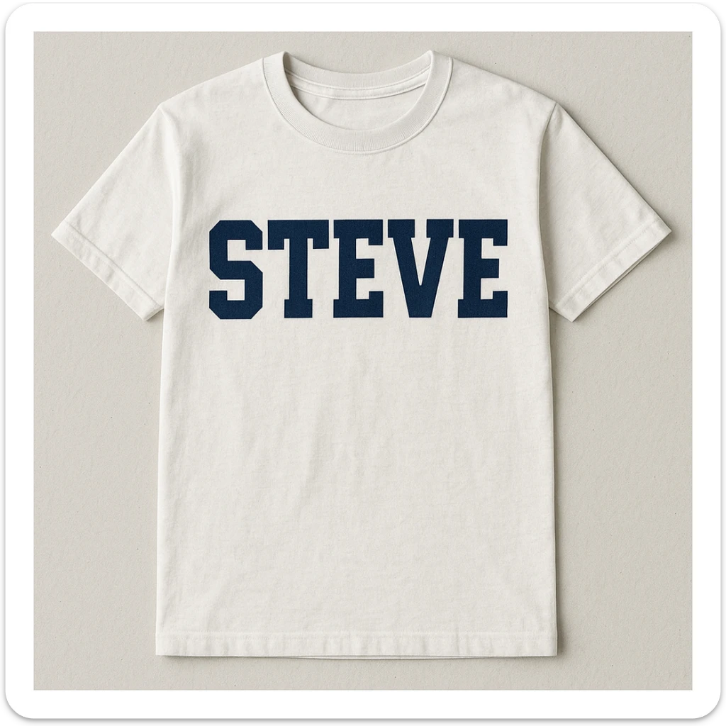 a shirt with 'Steve' in bold block letters sticker