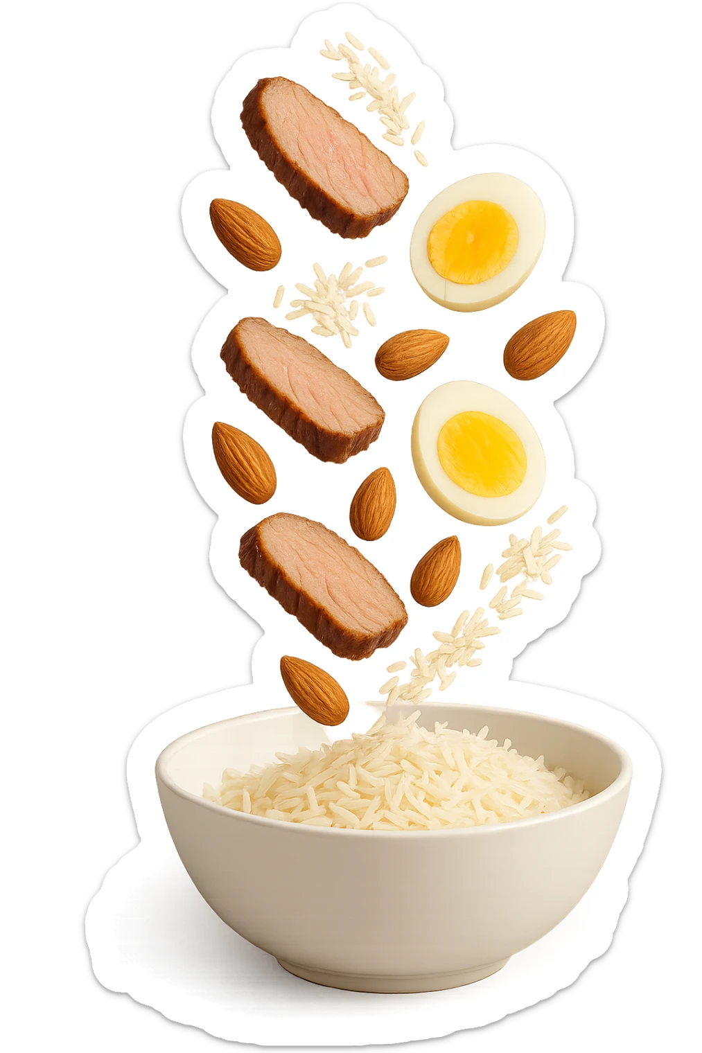 bowl bianca in cui cadono verticalmente fettine di carne, uova sode, mandorle e riso basmati sticker