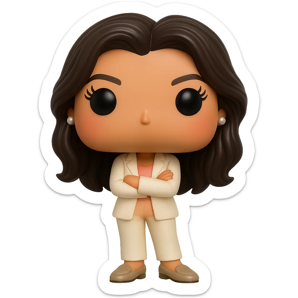 Create a Funko Pop style vinyl figure of Eva Longoria with luminous smooth tanned skin, extremely detailed dark hair, hyper-textured cream blazer, peach top, cream bottoms, small pearly earrings, greige leather loafers clearly visible, arms crossed, rosy cheeks, very discreet freckles, eyelashes, mischievous and cheerful expression, no mouth, transparent background. sticker