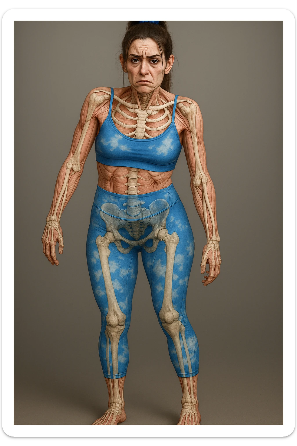 Donna in abbigliamento sportivo, postura asimmetrica, stile medico realistico, muscoli e ossa visibili, segni specifici di stress cronico: mascella serrata, spalle sollevate, rughe sulla fronte, occhiaie marcate, mani contratte, sfondo neutro, formato verticale. sticker