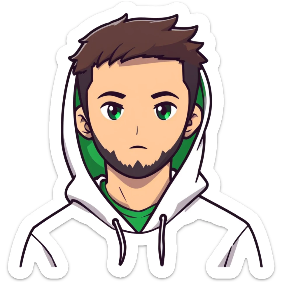 anime style male character with green eyes, dark brown undercut hairstyle, short beard, wearing white hoodie sticker