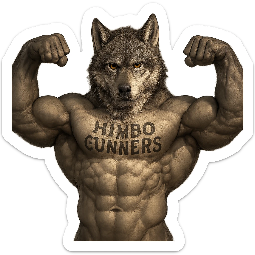 realistic, very muscular wolf furry, shirtless, 'Himbo Gunners' tattoo on chest, flexing with both arms, intense look sticker