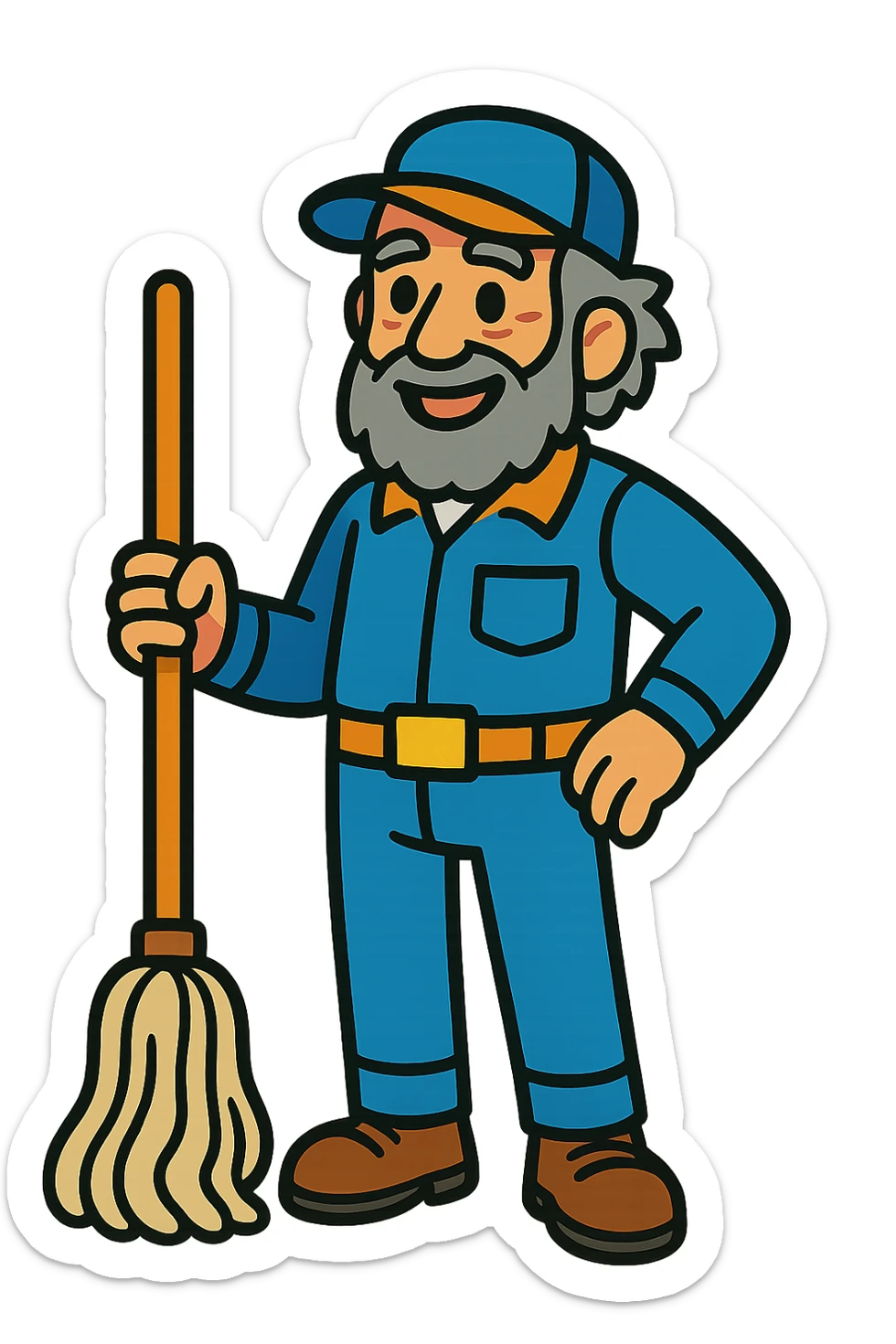 elderly janitor with gray beard and hair, wearing uniform, with mop beside him, colorful cartoon style sticker