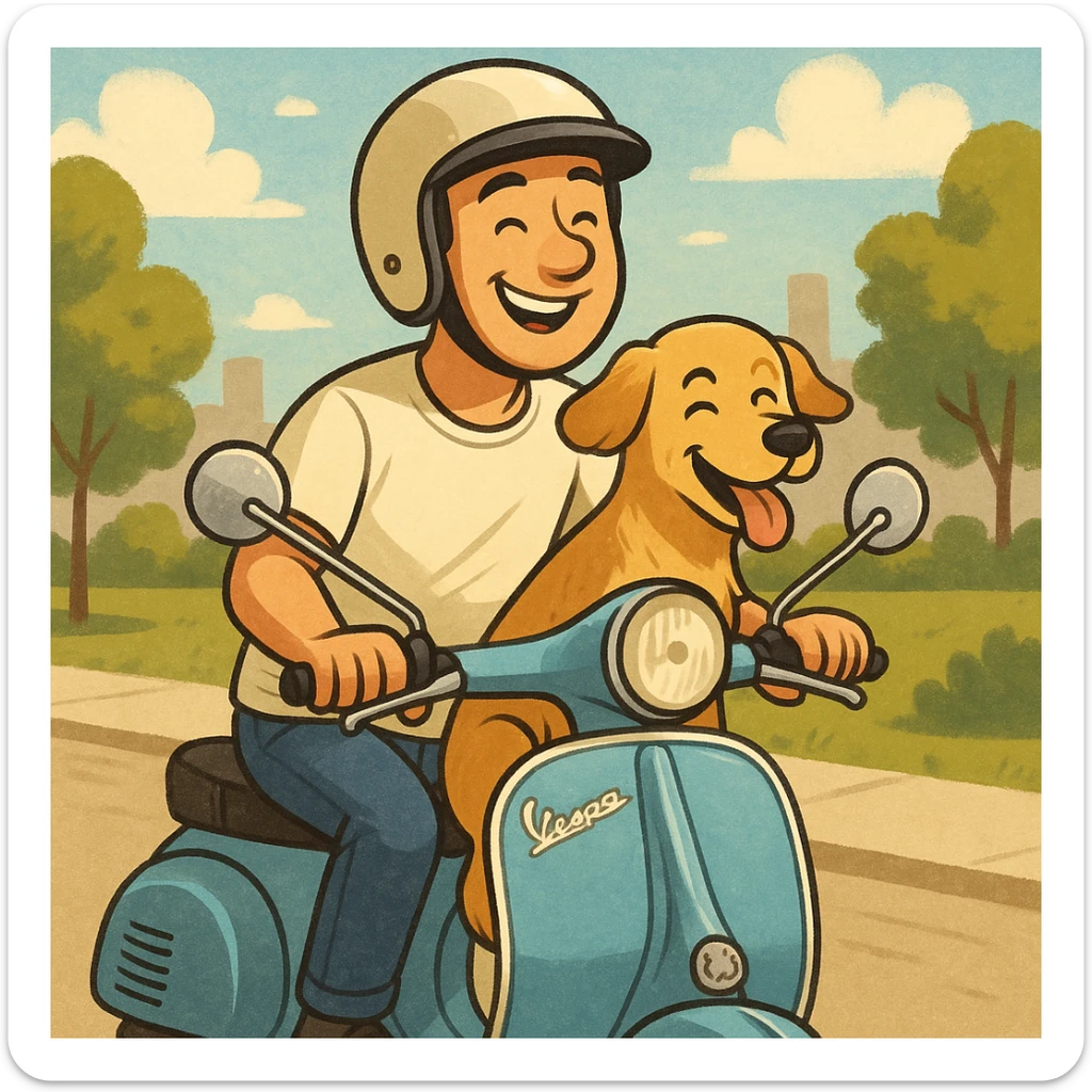 man and his pet dog riding a vespa sticker