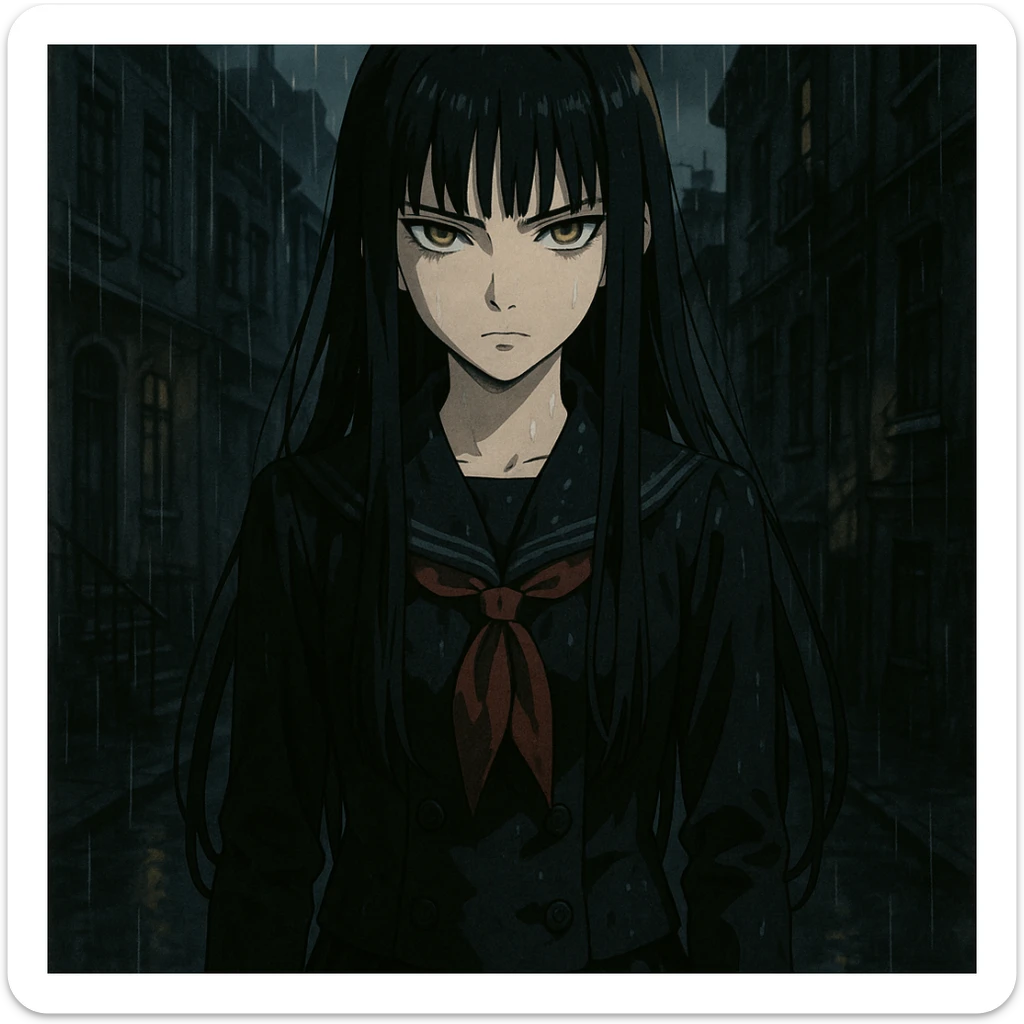 ultra-detailed anime girl with long straight black hair, sharp bangs, pale skin, amber green eyes, cold intense gaze, standing in the rain, cinematic lighting, wet dark school uniform, gloves, noir urban background, moody anime style, gothic shoujo, dramatic shadows sticker