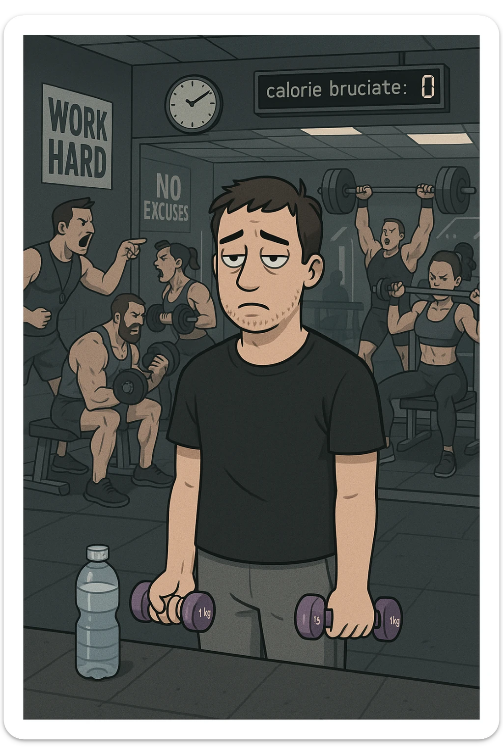 Modern gym scene with a man in sporty clothing lifting very light dumbbells (1 kg) with a bored expression. Muscular athletes training intensely in the background, a trainer encouraging them. Wall clock, full water bottle near the man, motivational posters ignored. Mirrors reflecting the contrast between him and others. Digital display showing 'calorie bruciate: 0'. Static atmosphere, artificial lighting, vertical format. sticker