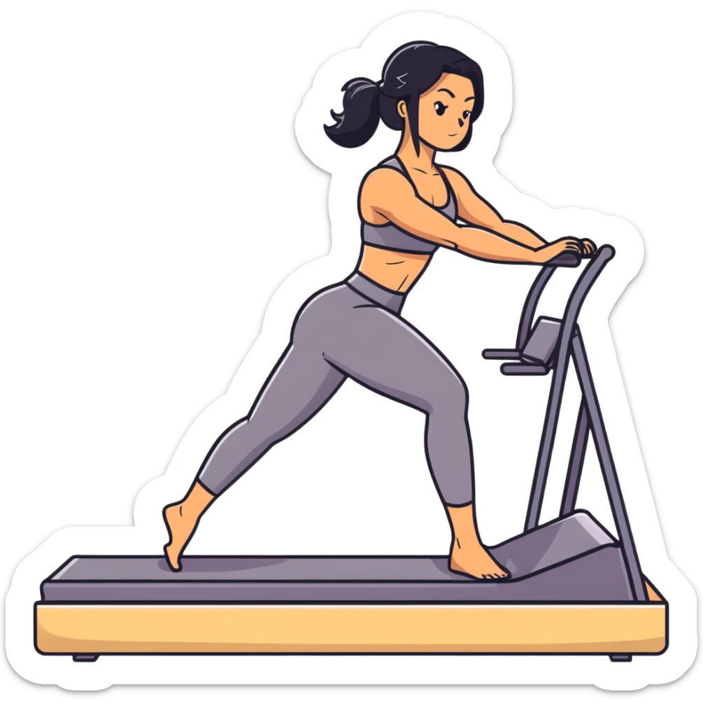 woman with tanned skin, long black hair, wearing a sports bra, doing Pilates on a reformer machine sticker