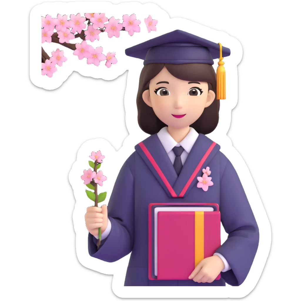 Japanese female high school graduate in school uniform with cherry blossoms and diploma sticker