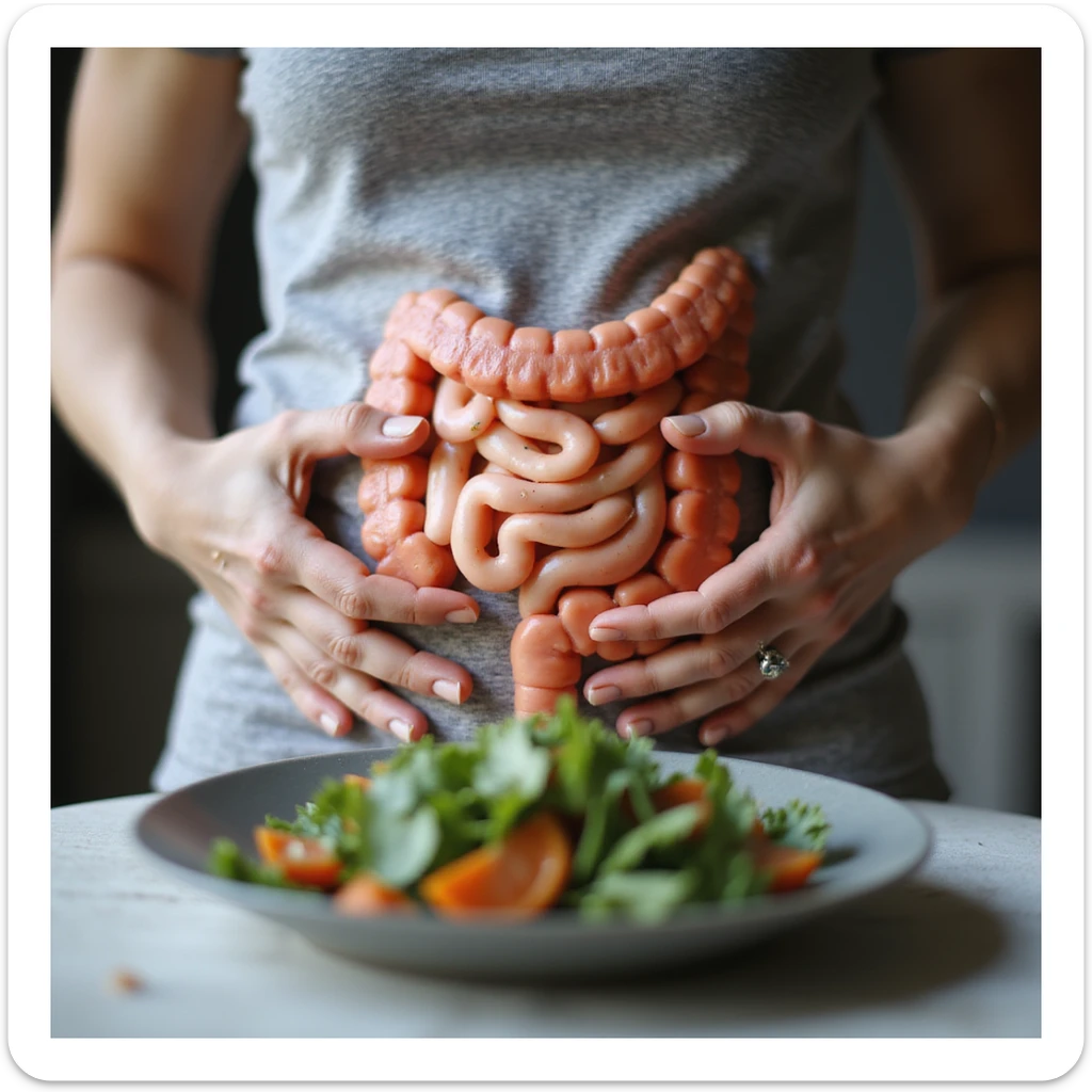 adult woman, photorealistic, on a diet to fix intestines, painful expression, hands on abdomen, healthy food plate in front, visual focus on intestines highlighted or transparent, natural light, kitchen background sticker