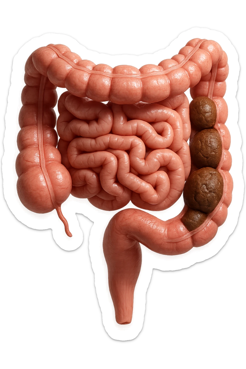 intestino umano anatomico con feci a palline bloccate nel colon, stipsi, iperrealistico 4k sticker