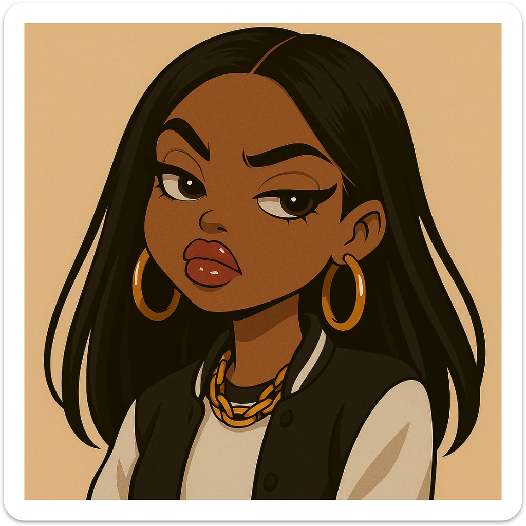 Headshot only of a 20-year-old anime Bratz style woman with dark skin and straight hair, wearing trendy streetwear. She has big expressive eyes, glossy lips, no hat, no tears, and a confident, aloof expression with a snooty attitude and her nose turned up. sticker