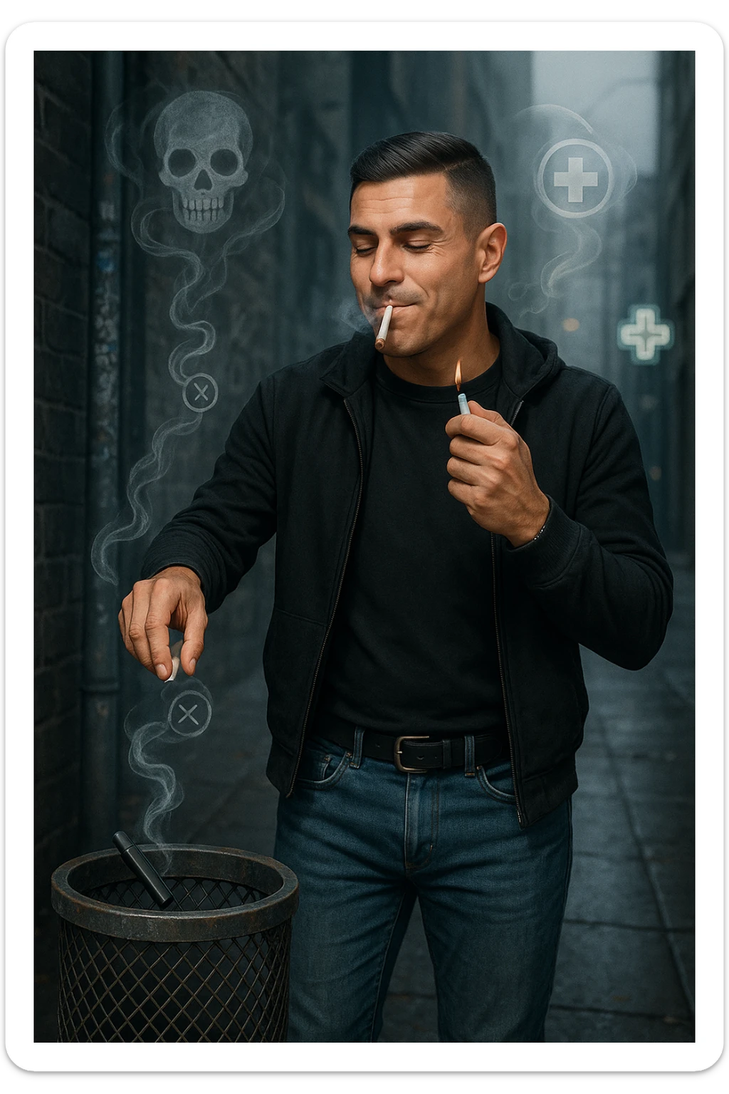 Adult man in casual clothes, inspired by the face in the reference photo, throwing an electronic cigarette into a trash bin while lighting a traditional cigarette with the other hand. Satisfied but unaware expression. In the background, light symbols of smoke and health damage manifesting from both cigarettes. Urban atmosphere, cold light, critical or reflective tone. Realistic style with symbolic accents. sticker