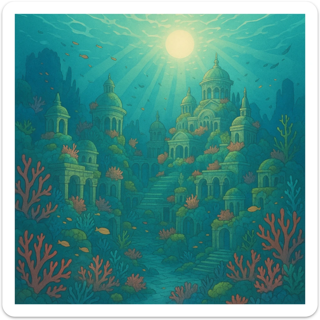 ghibli style Atlantis, mystical sunken city with coral and sea life sticker