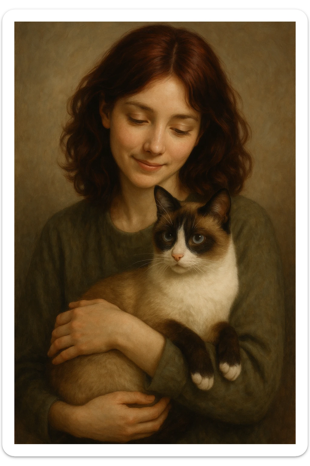A girl with dark red hair holding a snowshoe cat in her arms, warm and gentle expression, detailed, visually appealing style sticker
