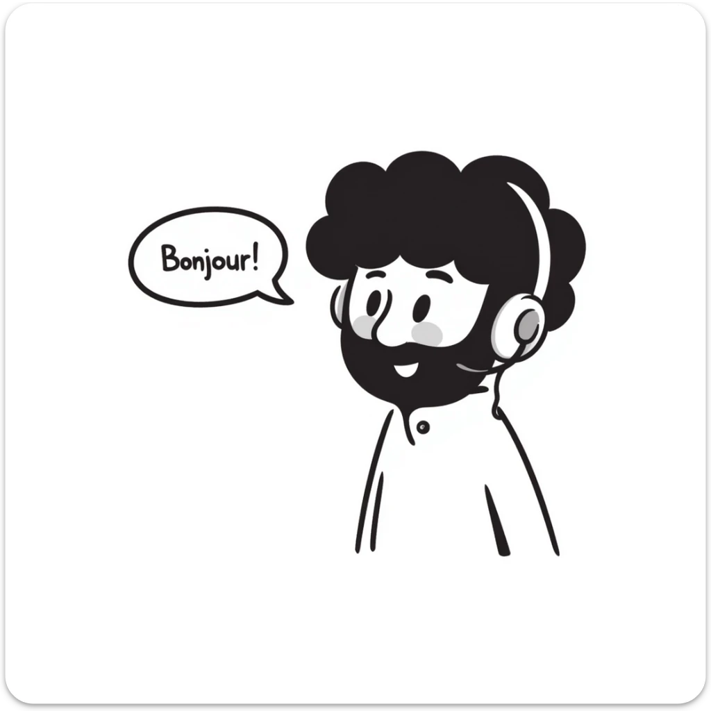 Anime-style character saying "Bonjour!", with black hair, brown eyes, black beard, wearing gaming headphones, Japanese animation style sticker