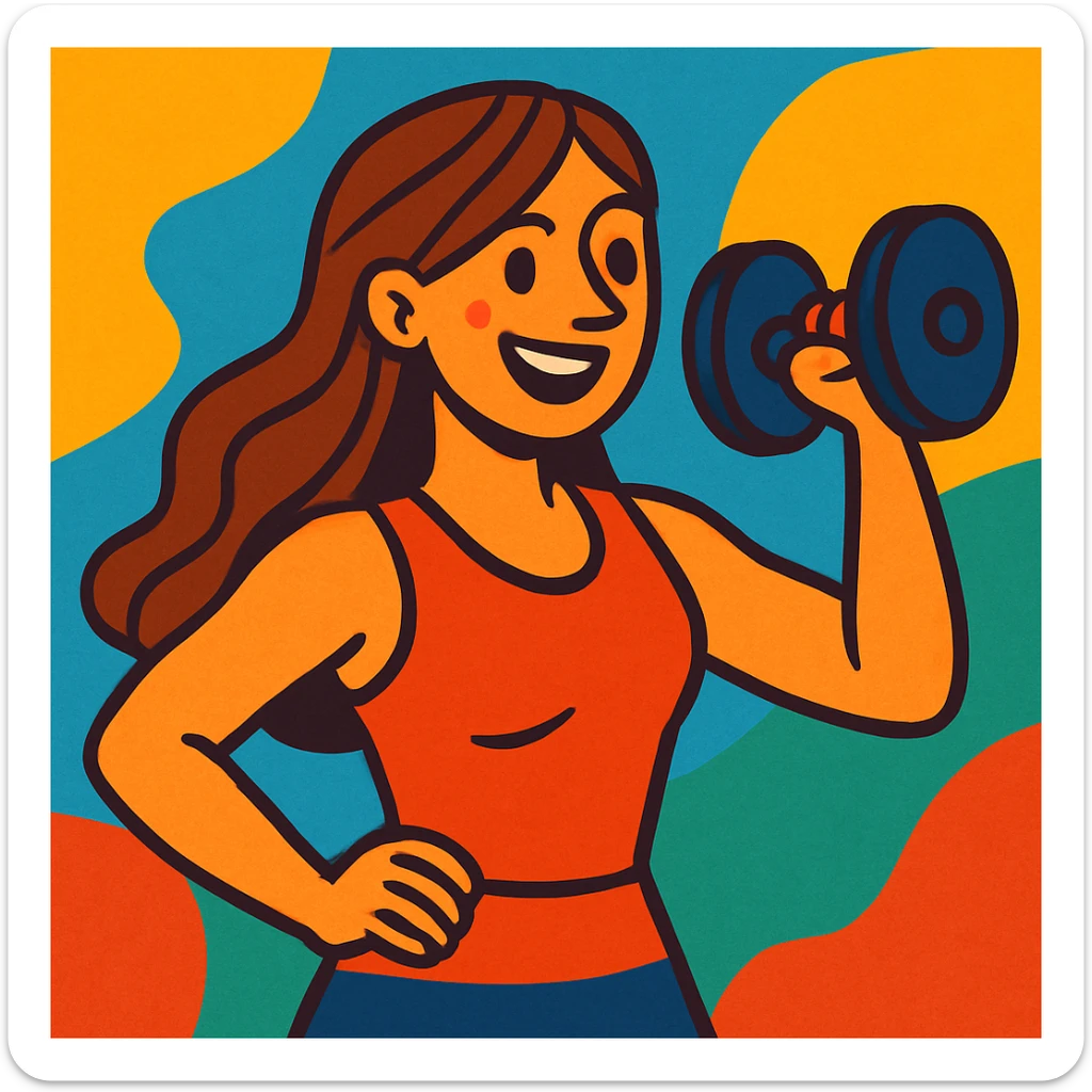 woman with long brown hair lifting a weight, vibrant illustration style sticker