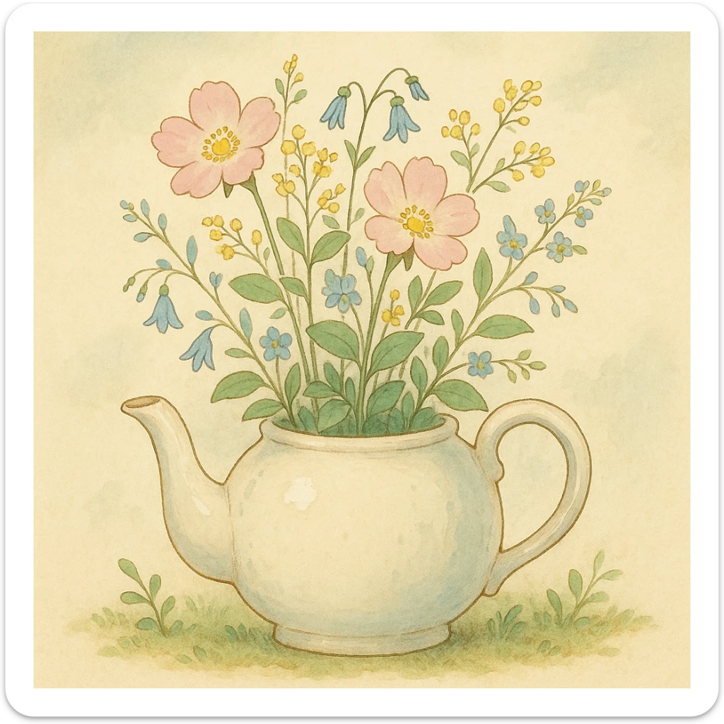 teapot with flowers growing out of it in ghibli style, charming, delicate, natural elements sticker