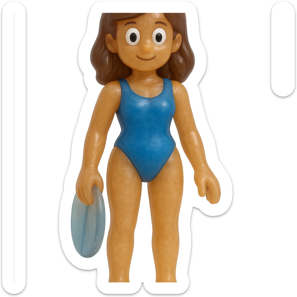 Edit the beach girl figure to have a blue swimsuit instead of pink. Maintain the style of a full-body, retro 90's toy with very transparent and slightly see-through appearance, natural tan skin, brown hair, blue swimsuit, large white eyeballs with small black pupils, soft plastic texture, soft reflections, soft and squishy feel, some cloudiness, not shiny, highly detailed and appealing. No tag and no background. sticker