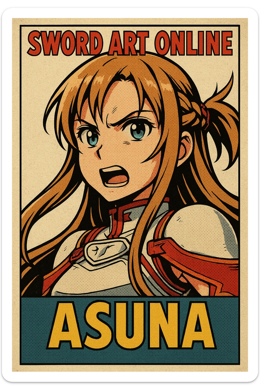 Sticker of Asuna from Sword Art Online in classic comic book style with a determined expression, inspired by the reference image. sticker
