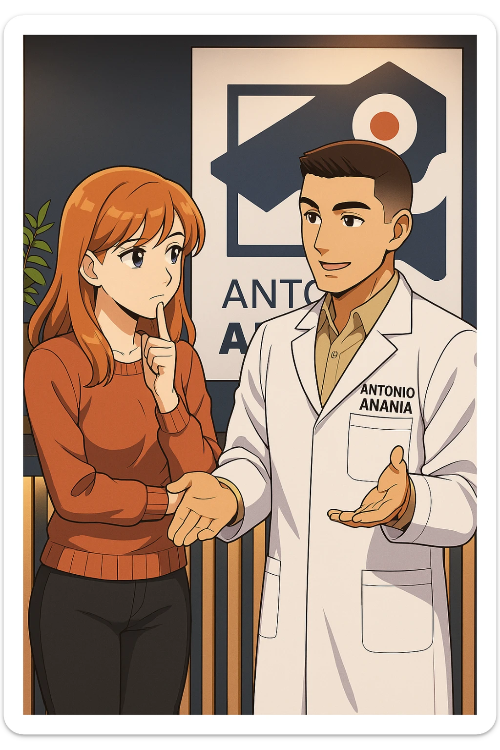 su questo stile fai un manga/webtoon a colori in cui una donna SI TOCCA IL MENTO CON L'INDICE MENTRE ASCOLTA PENSIEROSA L'UOMO, l'uomo della foto in stile manga LE SPIEGA CHE DEVE PROVARE LA SUA VALUTAZIONE MEDICA, mantieni un ambiente simile alla foto che ho allegato con il suo logo (sarebbe il suo studio, lui è un kinesiologo), scrivigli "ANTONIO ANANIA" sul camice bianco, non mettere fumetti, ma fai in modo che sembri che la donna ASCOLTI l'uomo sticker