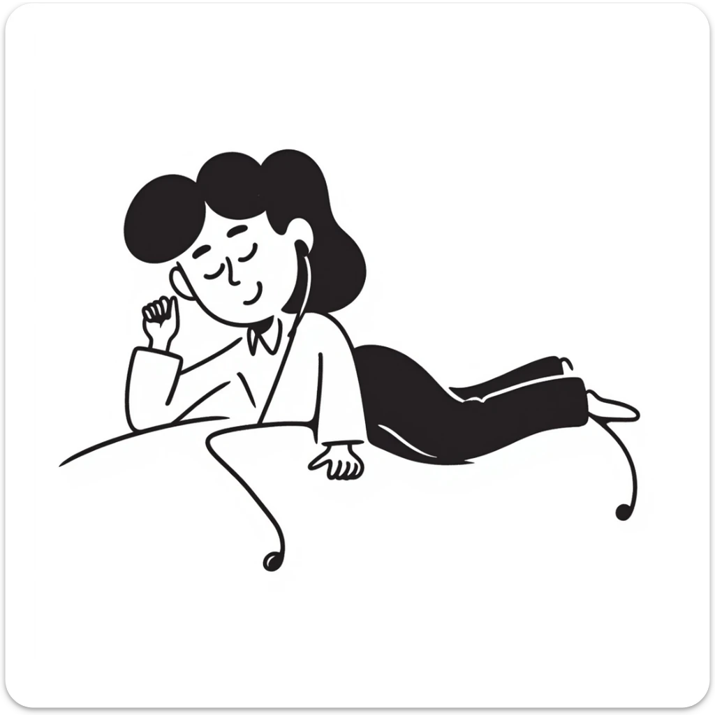 girl lying on bed comfortably listening to music with wired earphones sticker