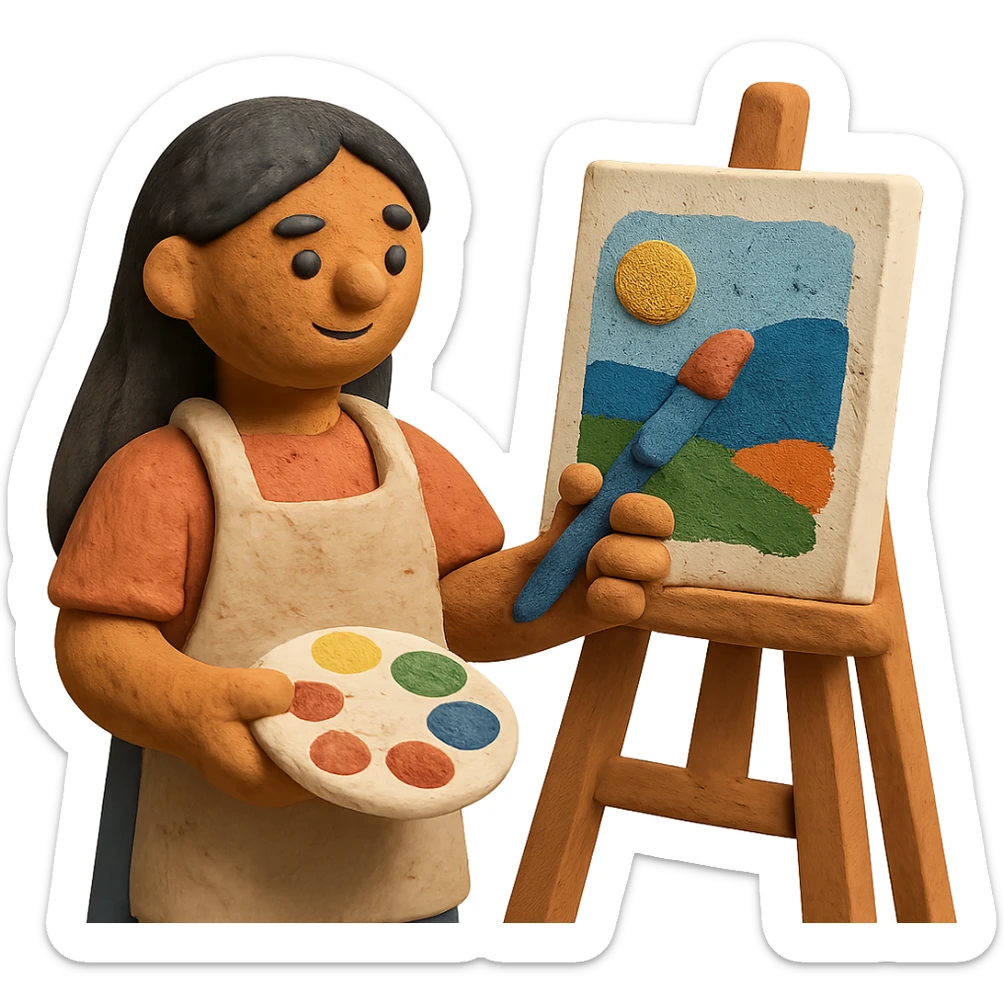 tanned woman artist with long black hair, wearing an apron, painting at an easel, holding a palette and brush, claymation style sticker