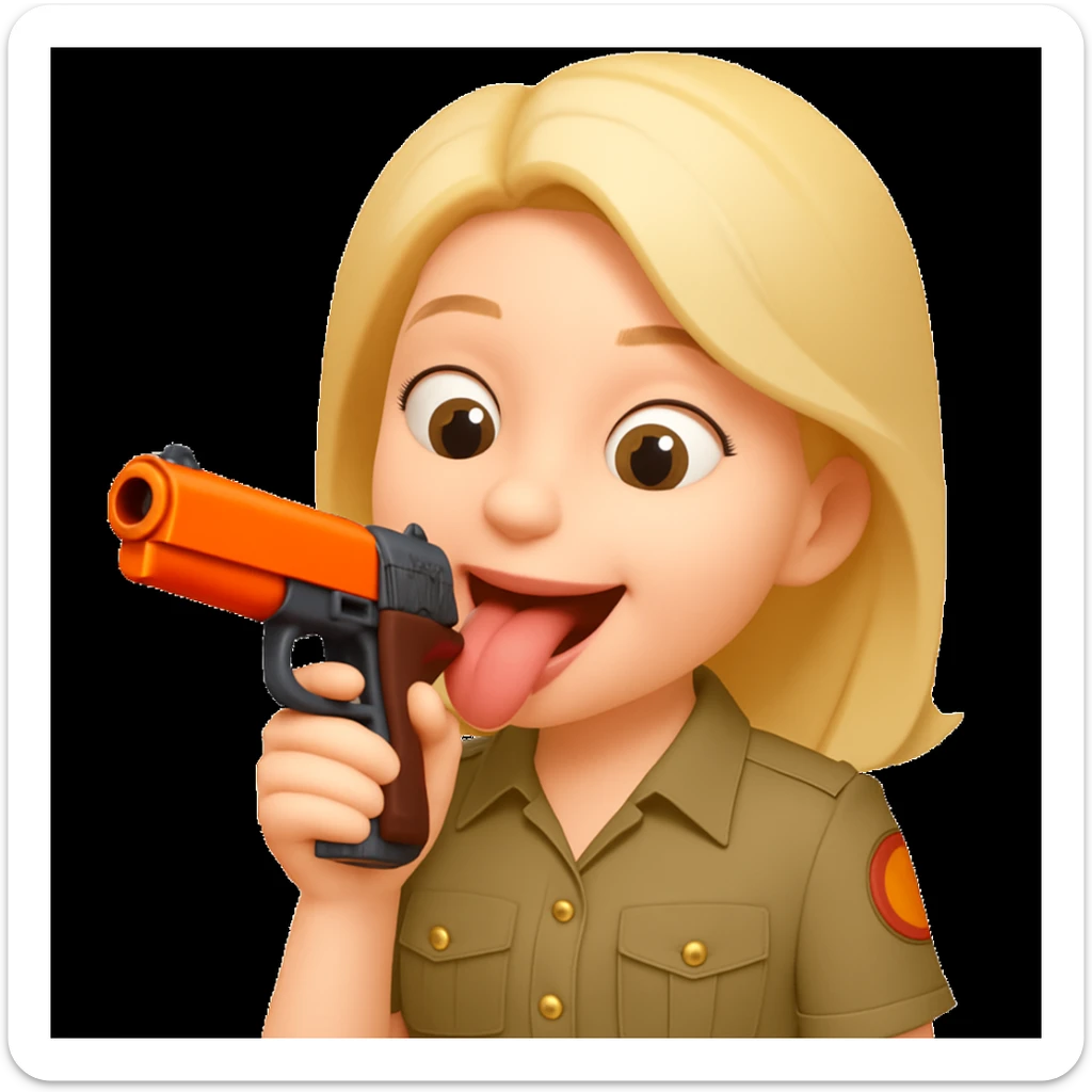 Edit the emoji so it is putting the gun toward its tongue, keeping the playful and cartoonish style. sticker