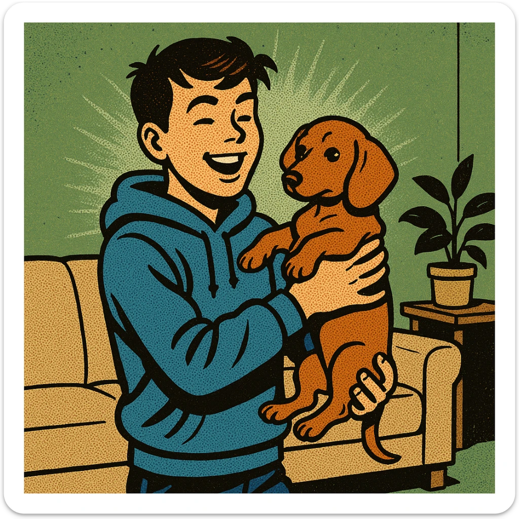 A modern day teenager wearing a blue hoodie with a puppy dachshund in a green living room sticker