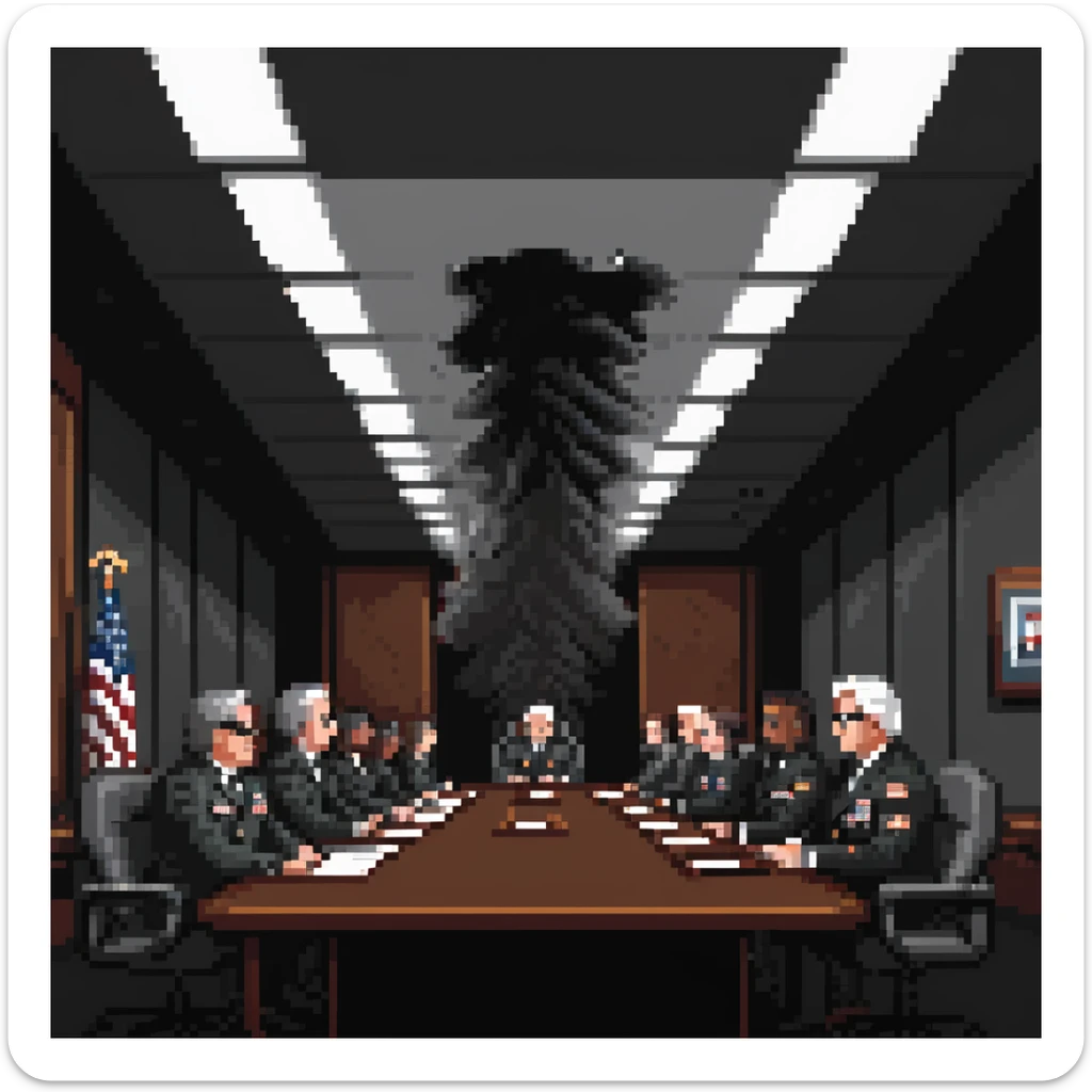 a SNES box art image of PENTAGON officials in a dark smoke filled board room meeting. cutscene graphic - 3/4 side perspective sticker
