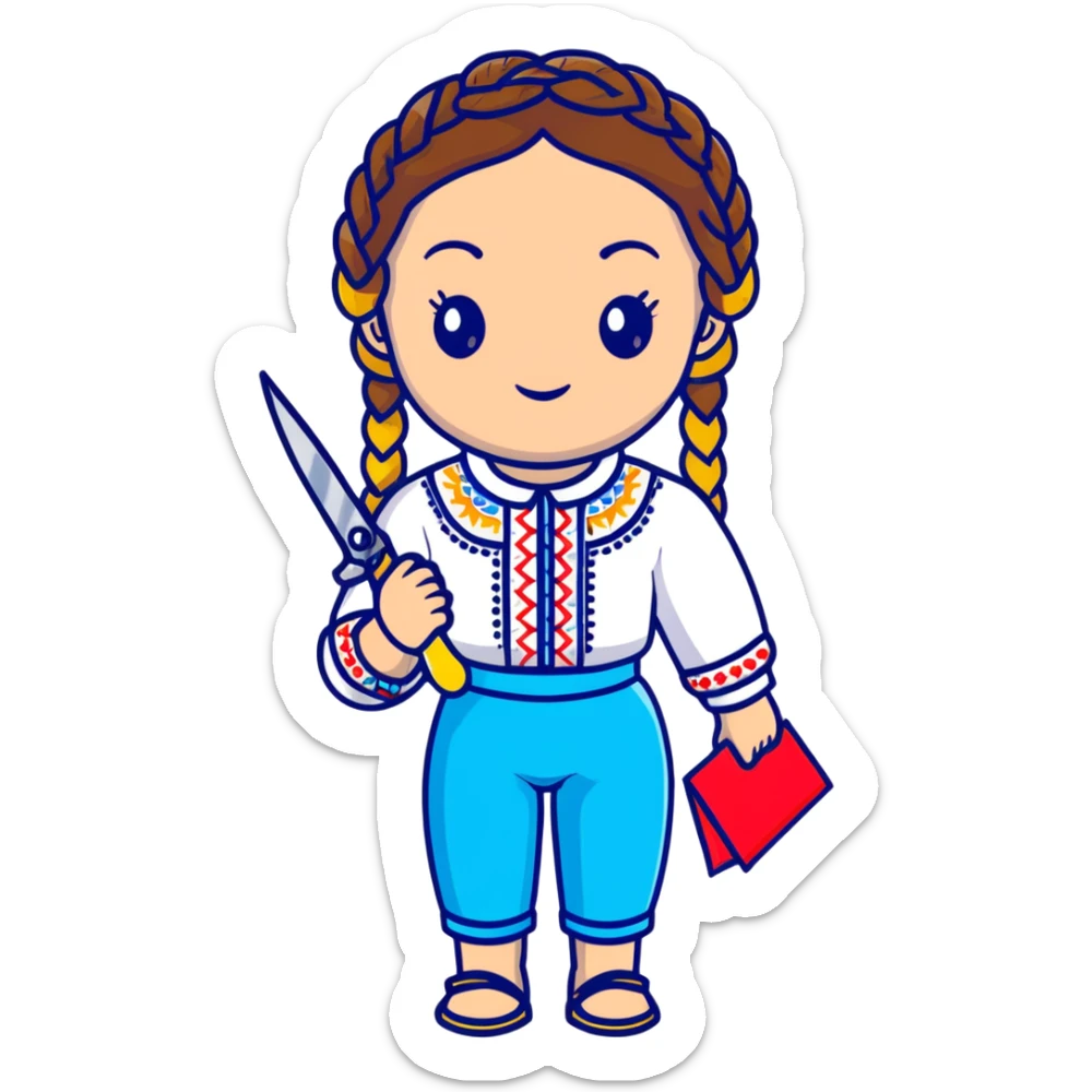 Ukrainian young girl with braided hair wearing a white embroidered traditional shirt (vyshyvanka) holding scissors and colorful craft paper sticker