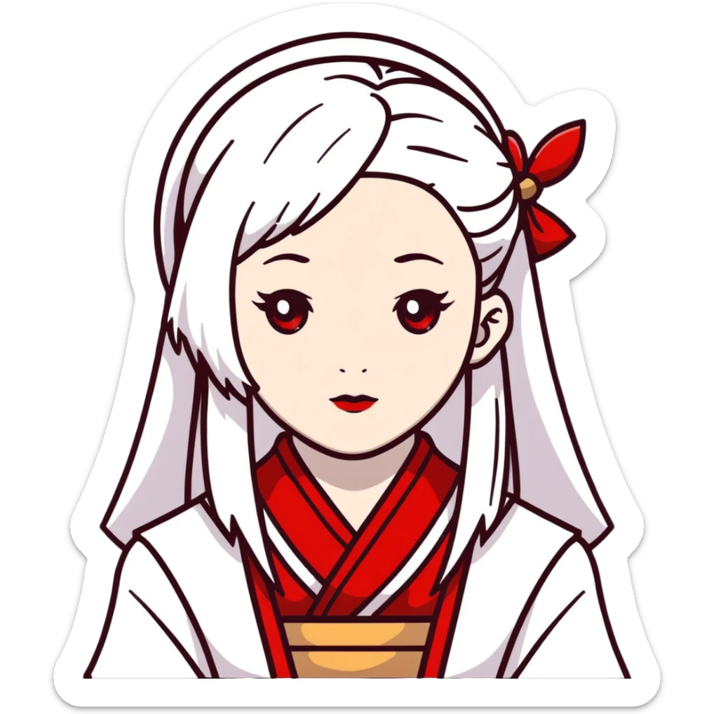 forty year old albino shrine maiden with white hair, red eyes, and pale face sticker