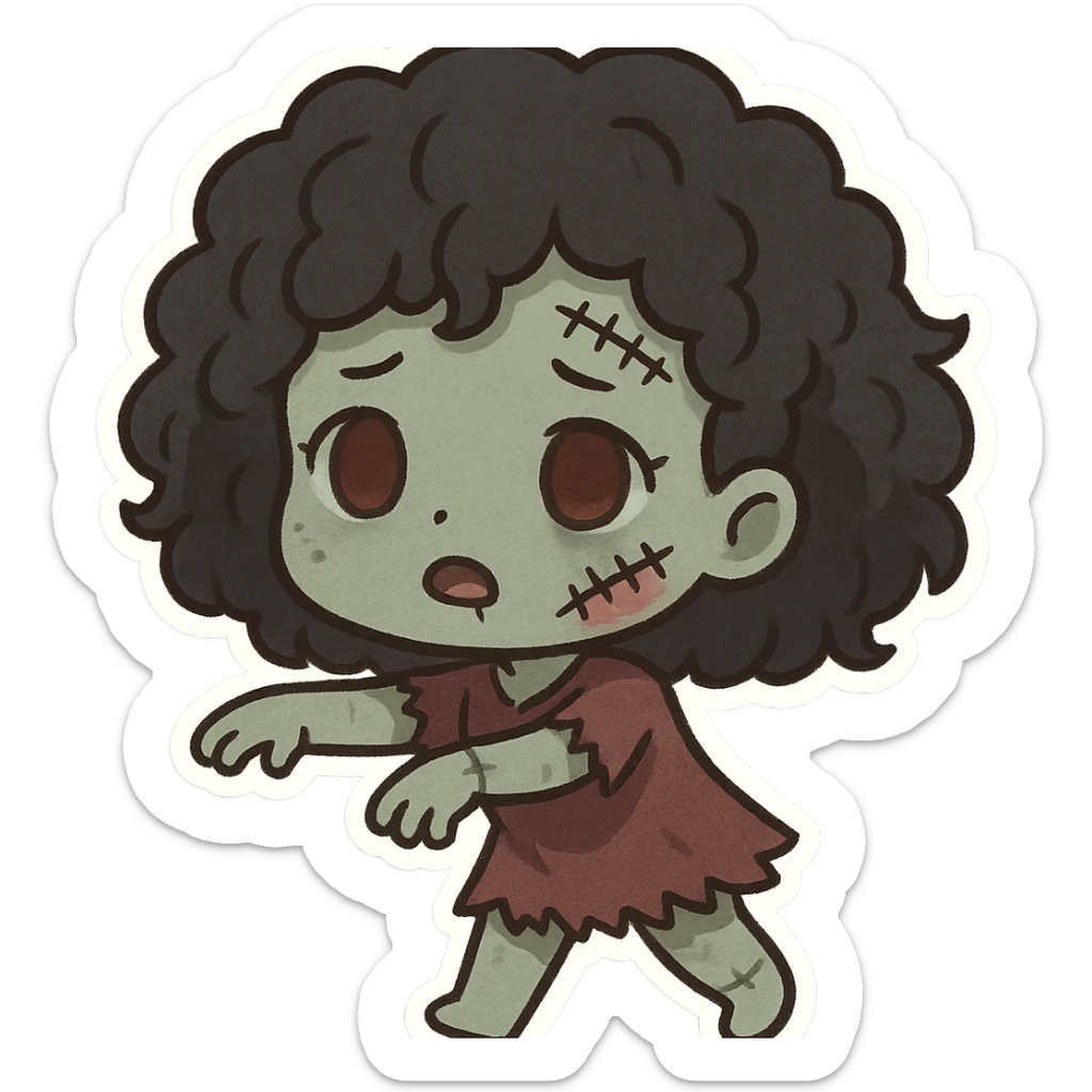 girl zombie with curly black hair, stitched face, cartoon style sticker