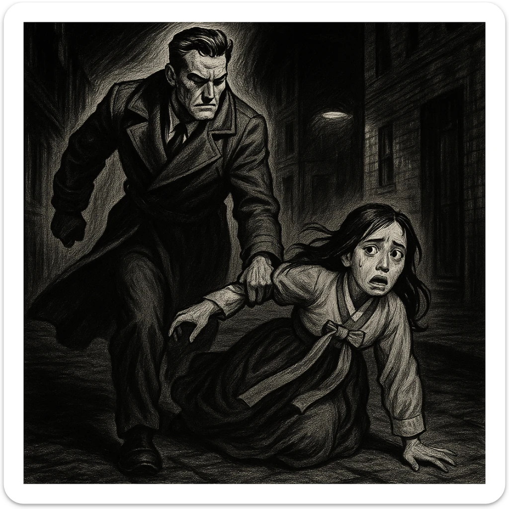 Change the girl's outfit to a traditional Korean style hanbok, keep the rest of the scene the same, noir comic style. sticker