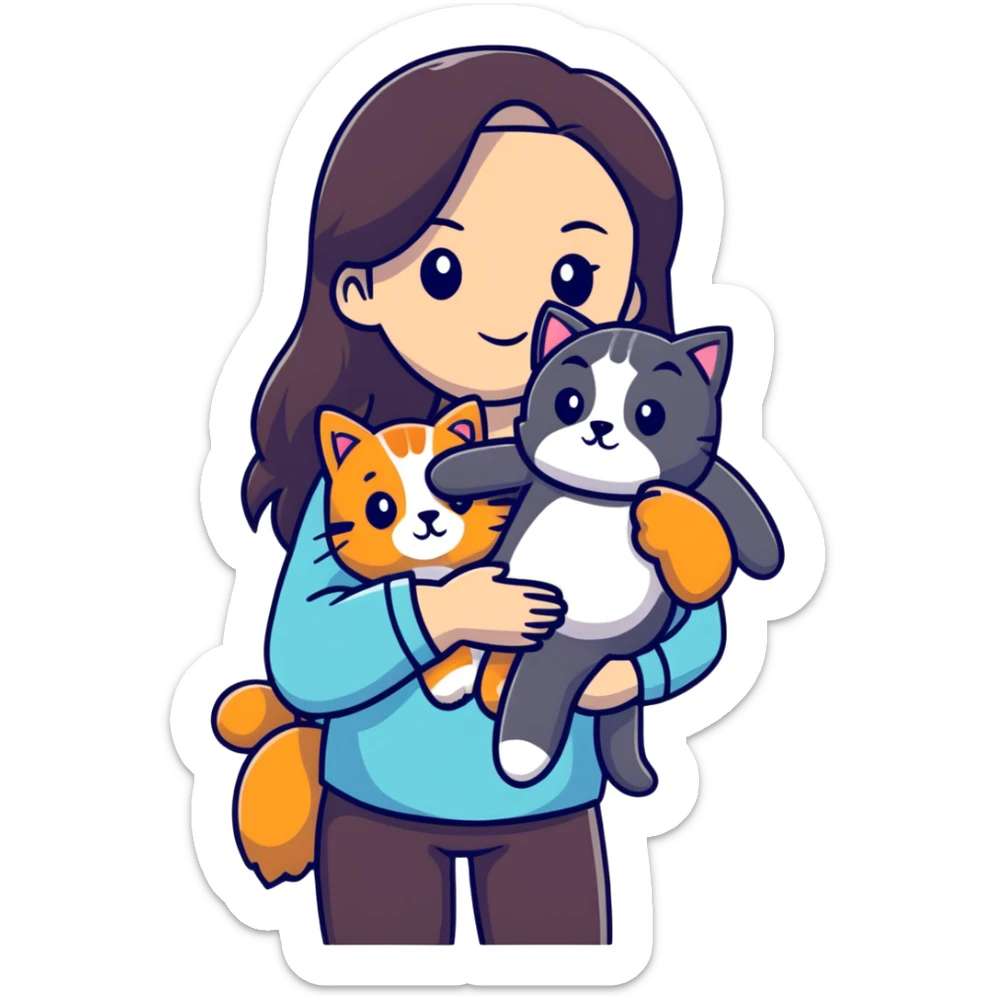 Woman with long dark hair holding pets: teddy bear, dog, and cat sticker