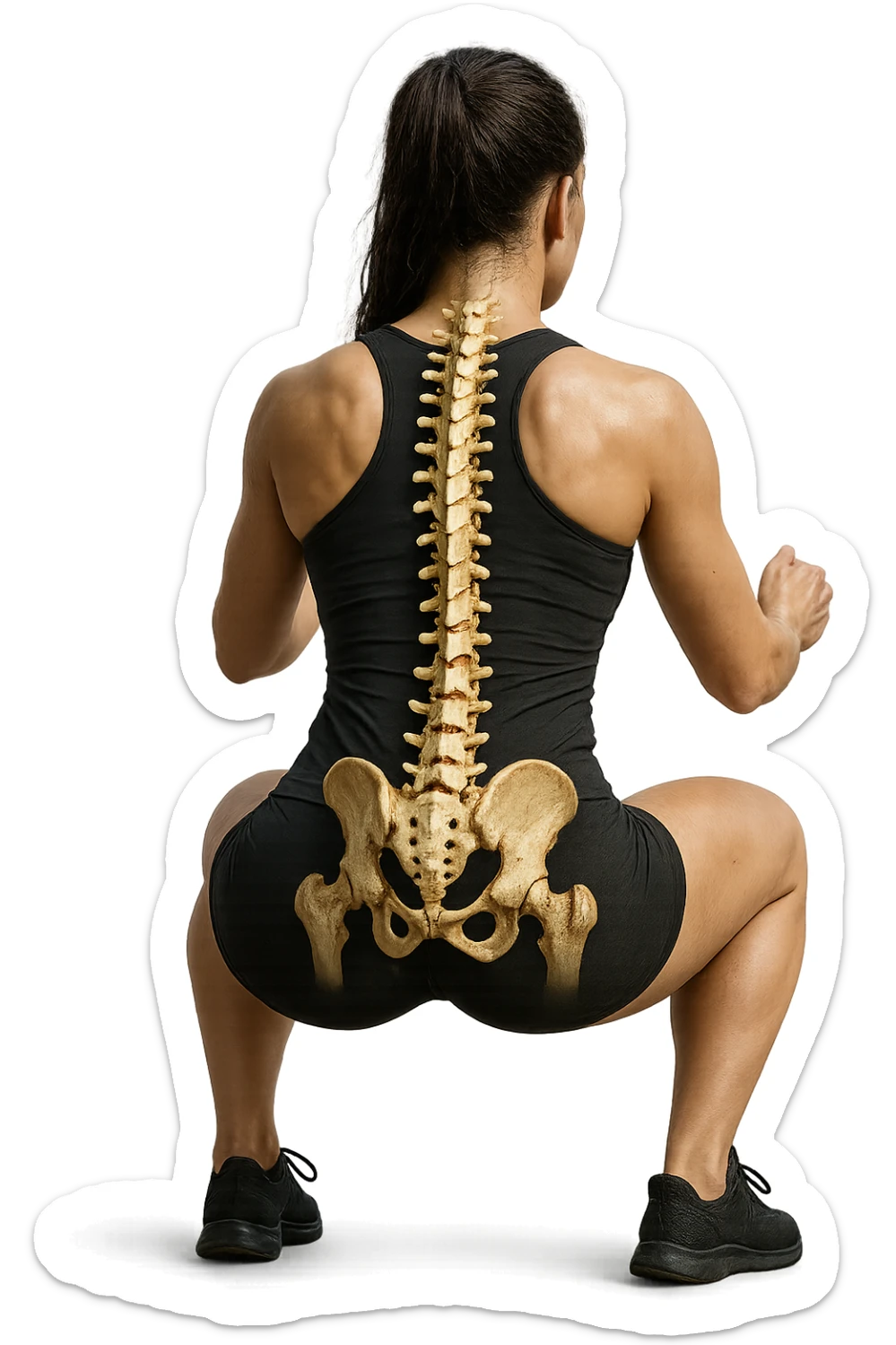 donna di spalle che fa squat con spina dorsale anatomica in evidenza, iperrealistica 4k sticker