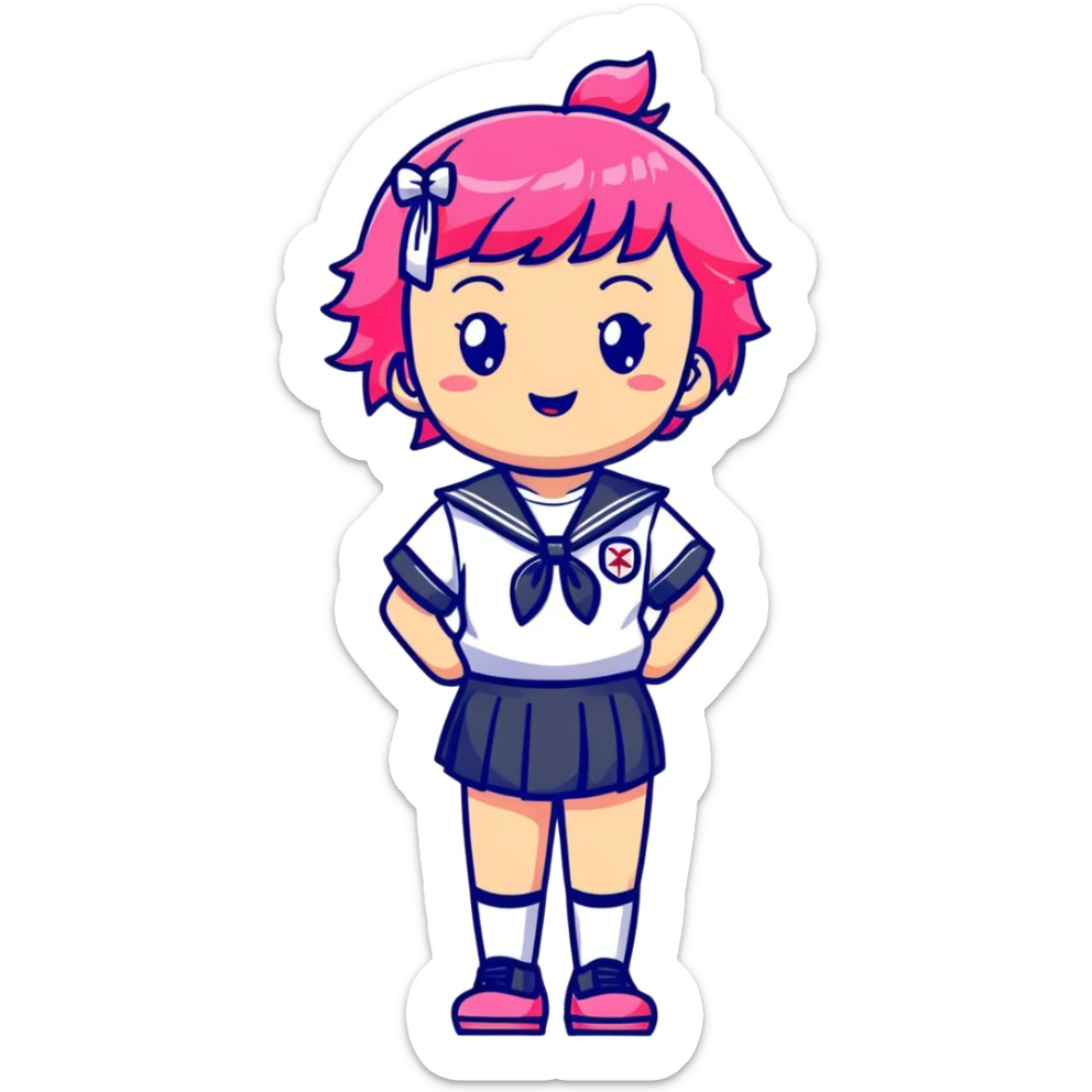 Anime girl with short bright pink hair wearing Japanese sailor style school uniform, confident pose with hand on hip and bright cheerful grin, excited and happy sticker