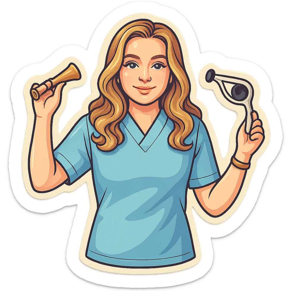 A girl with facial features and light wavy hair as in the reference, wearing a blue medical suit, holding an obstetric stethoscope in one hand, the other hand down, smiling, in retro stickers style with thin clean contours, soft rounded shapes, pastel palette, retro sticker aesthetic, detailed shadows and highlights, soft lighting, transparent background. sticker