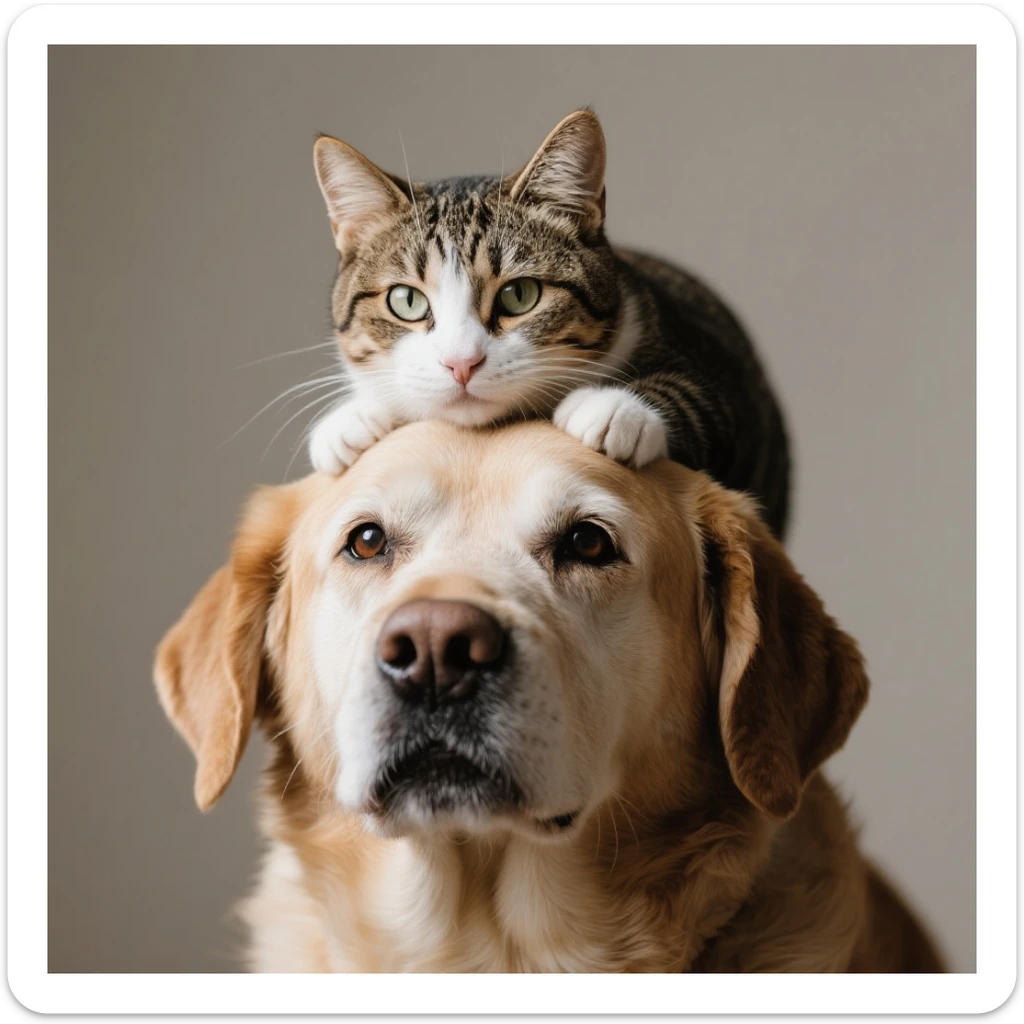 A cat on the head of dog sticker