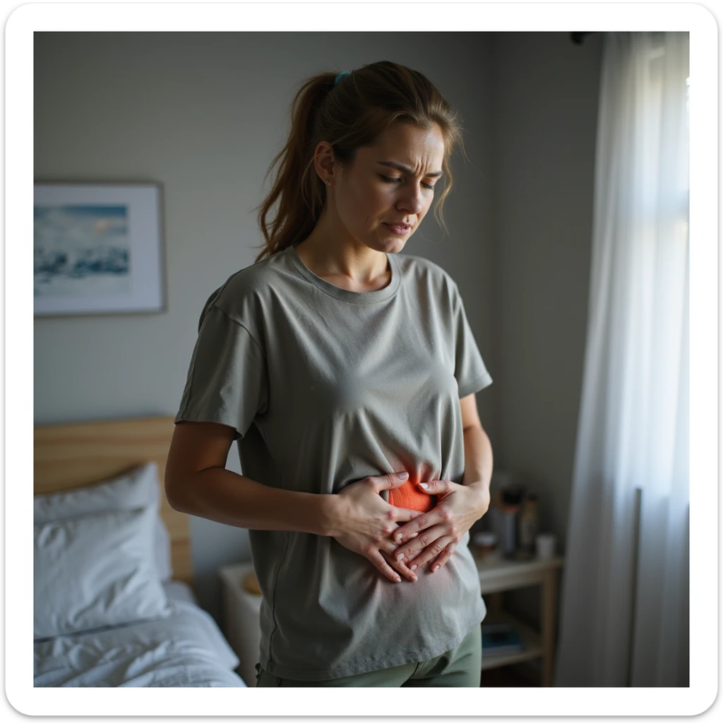 woman holding stomach with painful expression, realistic atmosphere, details of discomfort, home or clinic background sticker
