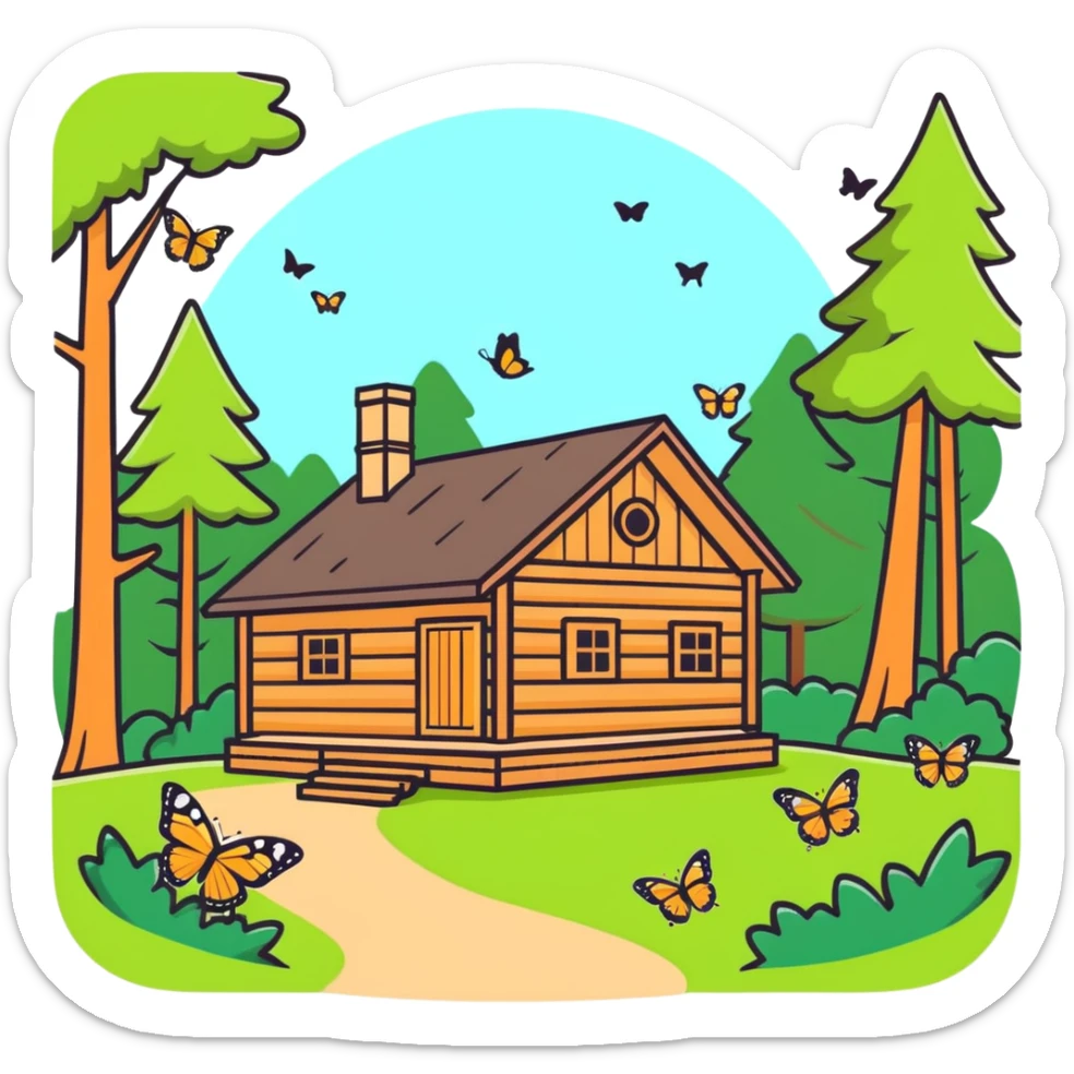 Lovely forest with a lot of butterflies and a wooden cabin sticker