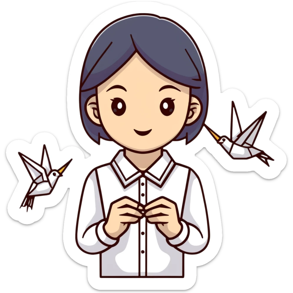 Ukrainian young girl in a white embroidered shirt holds an origami crane sticker