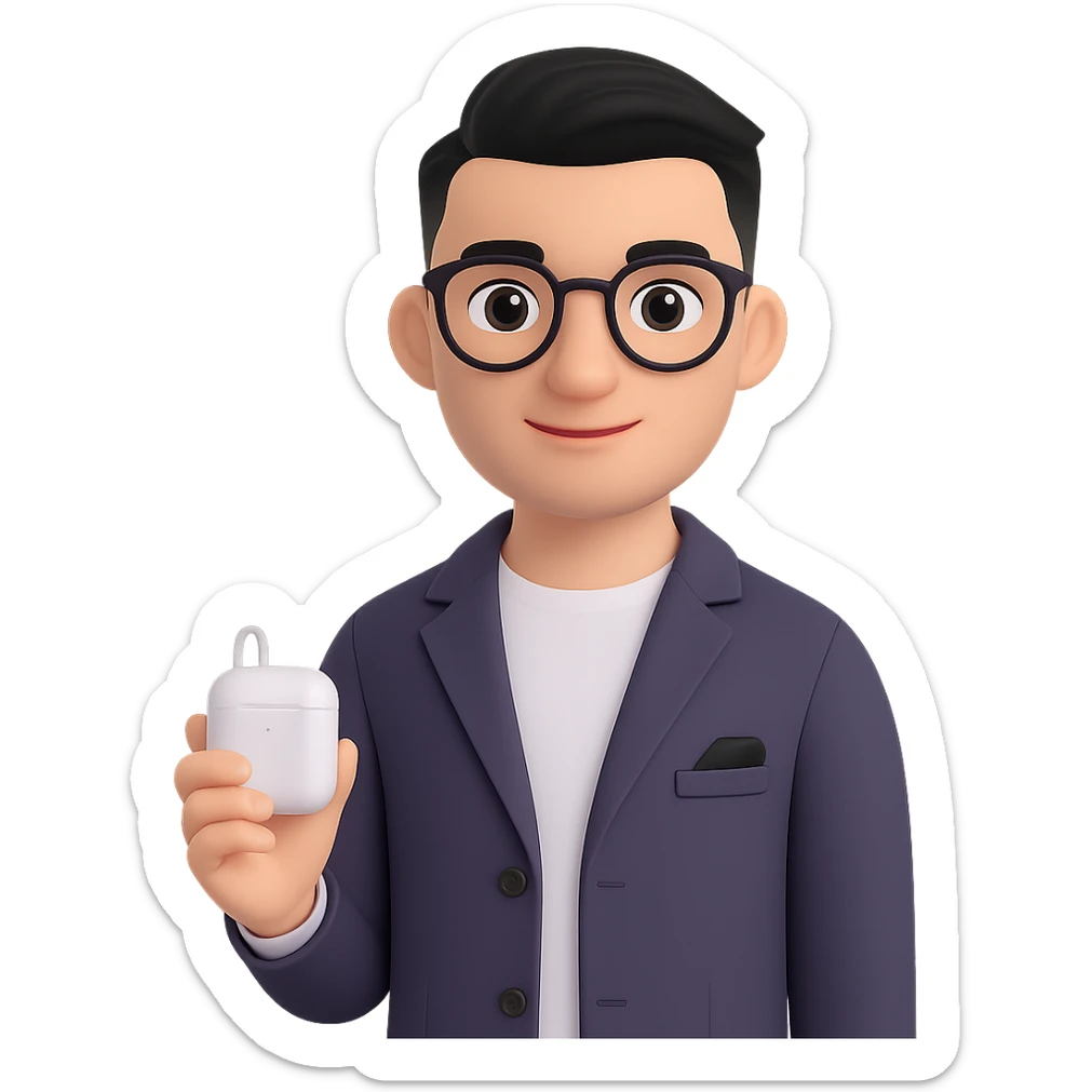 Change to a side-swept undercut hairstyle, keeping the Memoji-style 3D cartoon look. Maintain all other features and accessories the same, with a smart casual podcast host vibe. No background. sticker