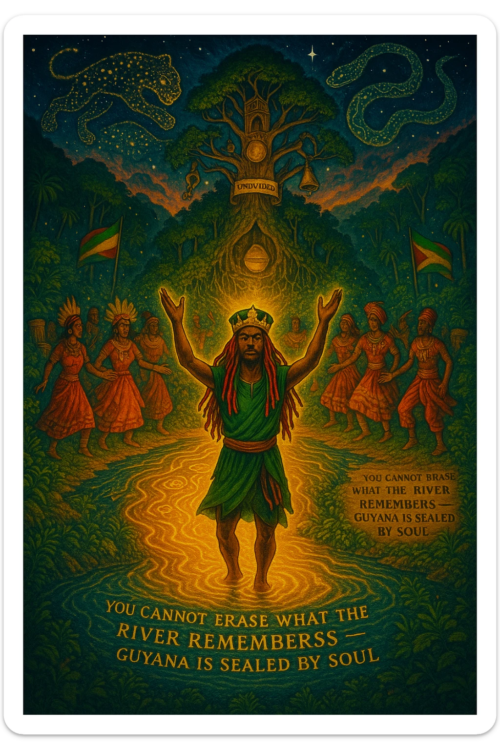A vivid, spiritual illustration of Guyana reborn as a land of divine rhythm, ancestral return, and natural royalty. In the heart of the image flows the mighty Essequibo River, glowing with golden energy — a symbol of memory, healing, and spiritual current. Surrounding the river are lush, enchanted rainforests pulsing with hidden drums, glowing symbols, and jungle spirits made of light.

At the center, a crowned I-tal figure (part Rasta, part ancestral guardian) stands barefoot in the river, arms raised, channeling the rhythm of the land into the sky. Around them: a ring of spirit dancers echoing maroon heritage, Amerindian wisdom, and African soulfire — dressed in ceremonial garb, dancing in sync with the heartbeat of the earth.

Above, the stars form the shape of a jaguar and a giant serpent intertwined — the twin protectors of Guyana. Behind them, a mighty temple-tree rises from the jungle canopy, its branches holding sacred items: a calabash, a broken colonial chain, a conch shell, and a scroll titled “Undivided.”

Sacred text etched into the riverbank reads: “You cannot erase what the river remembers — Guyana is sealed by soul.”

The colors should reflect spiritual awakening: deep emerald, fire-gold, sunrise orange, and night-sky indigo. Mist, ancestral drums, and glowing Rasta flags should blend into the atmosphere — making this a vision of both resistance and rebirth. sticker