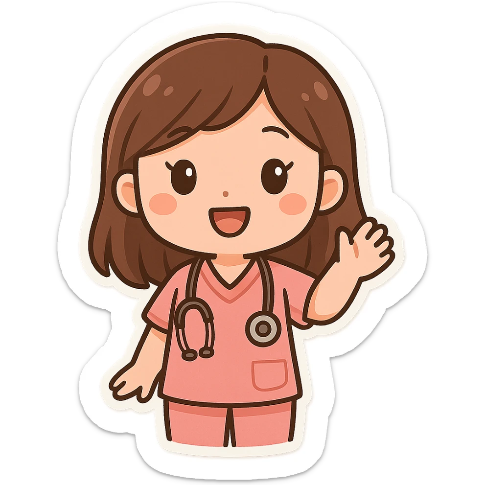 female doctor in pink medical attire, with a stethoscope around her neck, waving, cartoon style sticker