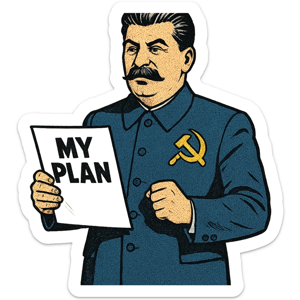 A full body image of a political leader who looks like Joseph Stalin and who is wearing a blue suite with a large badge of the communist party on his jacket.  He will hold a sheet of paper with the word 'My Plan' on it. sticker